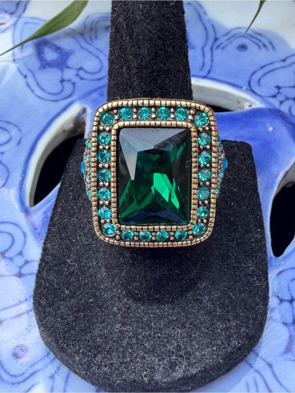 Heidi Daus Emerald-Cut Statement Ring with Pavé Teal Crystals